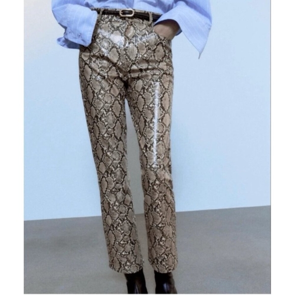 Zara Women's Size XL Faux Leather Snake Print Bloggers Fav Trouser Pants - Picture 2 of 14
